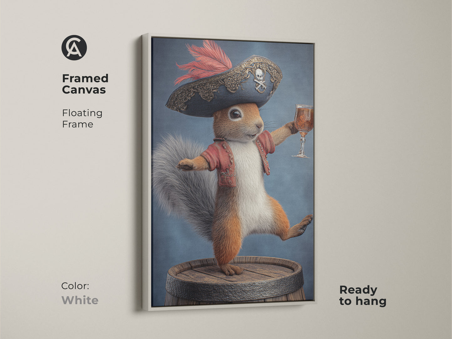 Framed canvas art of a pirate squirrel with a white frame. This fantasy animal print features a whimsical squirrel dressed as a pirate holding a drink. It adds an eclectic touch to any space. Ready to hang for easy display. This unique animal art print is perfect for any room.
