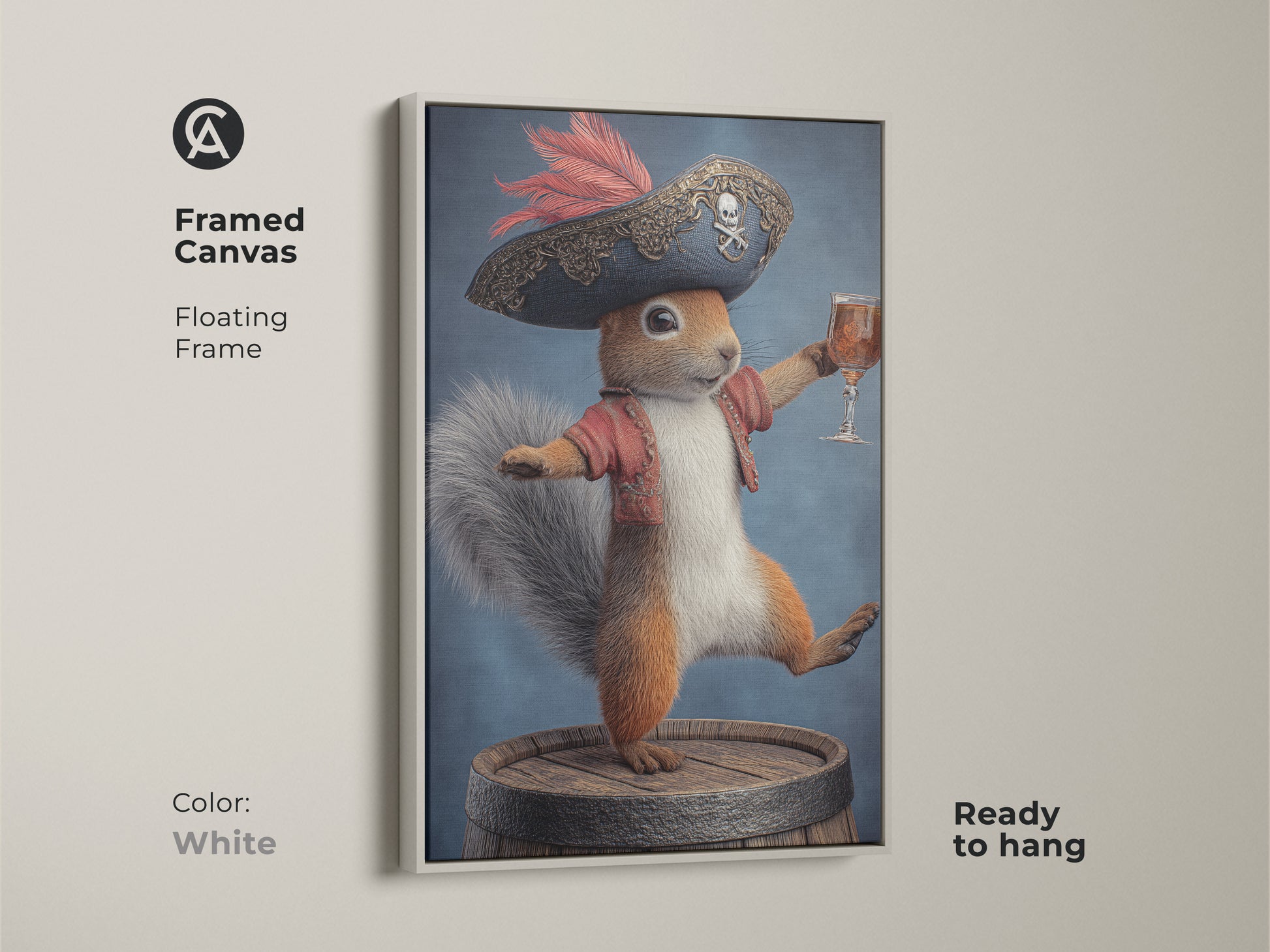 Framed canvas art of a pirate squirrel with a white frame. This fantasy animal print features a whimsical squirrel dressed as a pirate holding a drink. It adds an eclectic touch to any space. Ready to hang for easy display. This unique animal art print is perfect for any room.