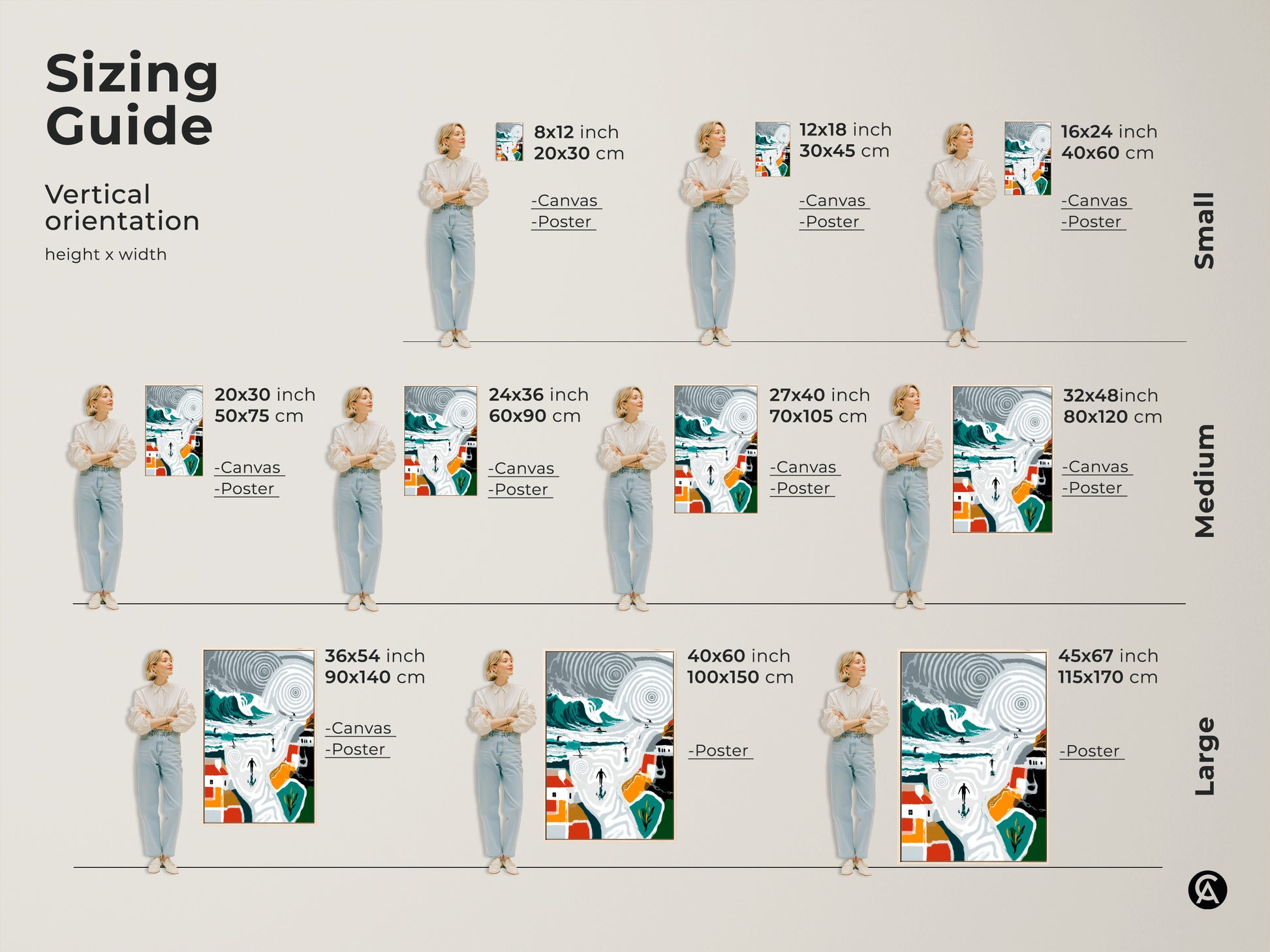 Sizing guide for vertical teal and orange abstract canvas and poster artwork. It includes small medium and large sizes. See how this surfing wall art complements your bedroom or coastal-themed space.