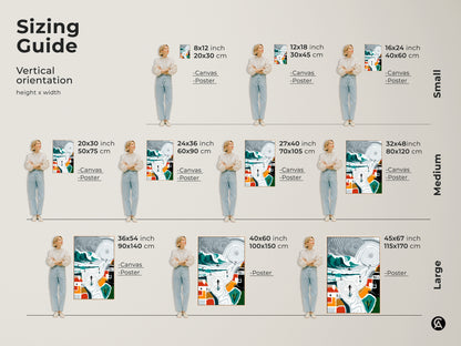 Sizing guide for vertical teal and orange abstract canvas and poster artwork. It includes small medium and large sizes. See how this surfing wall art complements your bedroom or coastal-themed space.