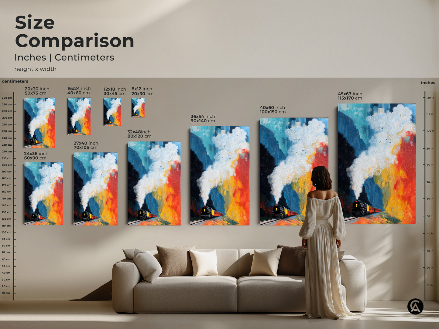 Size comparison of the abstract steam train art in inches and centimeters. See how the 20x30 inch to 45x67 inch prints look in a living room. Canvas artwork adds color and flair as a focal point.