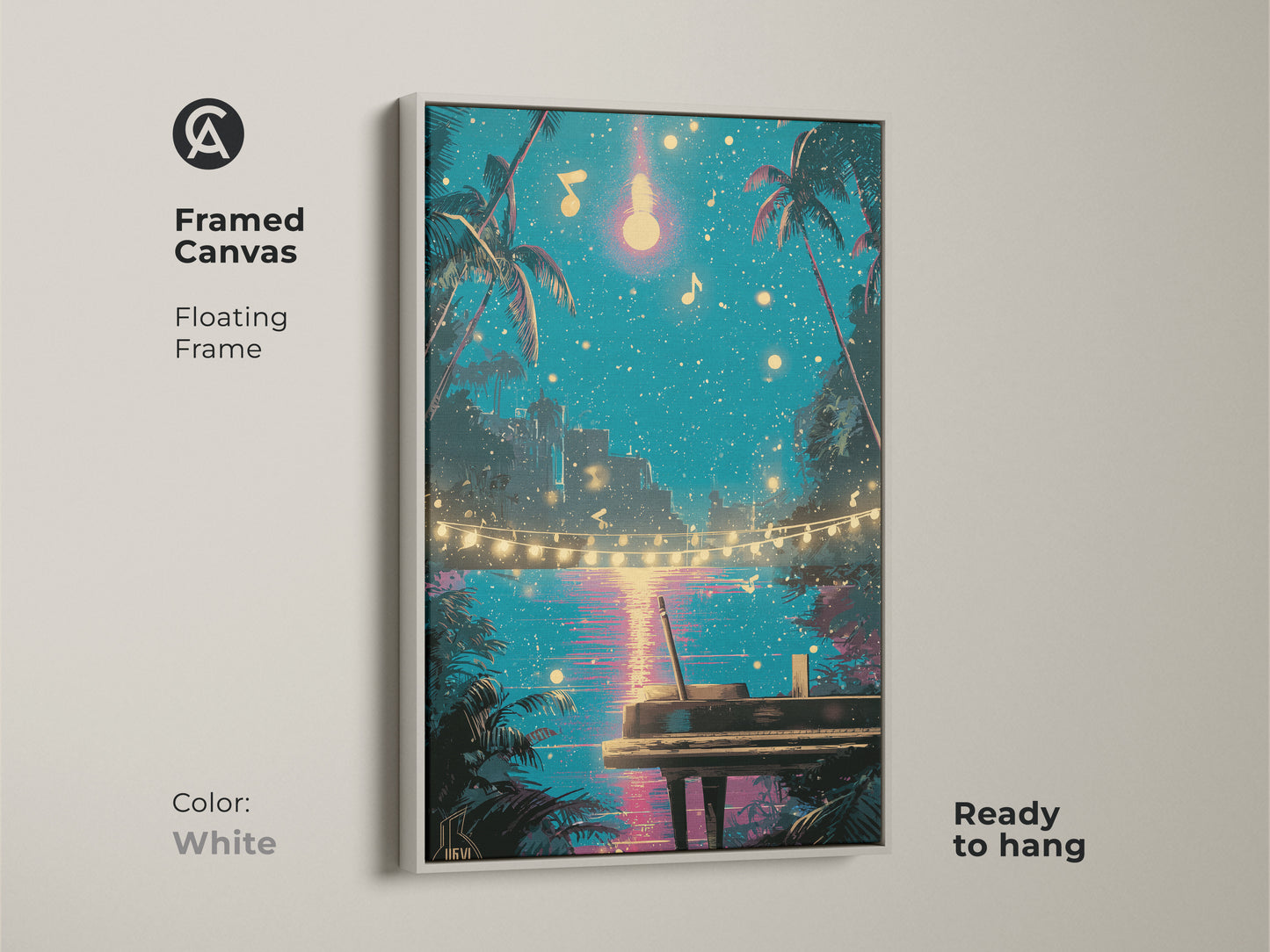 This framed retro piano canvas art is ready to hang. Its white floating frame enhances the artwork. It features palm trees under a teal night sky. Pink accents highlight musical notes creating an eclectic vibe. A perfect musician gift idea. Enjoy coastal music artwork