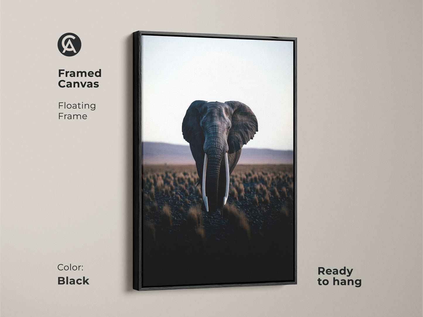 Framed canvas of a photorealistic elephant. Black floating frame enhances this wildlife artwork. A stunning piece of savanna landscape art ready to hang. Perfect earth tone wall decor.