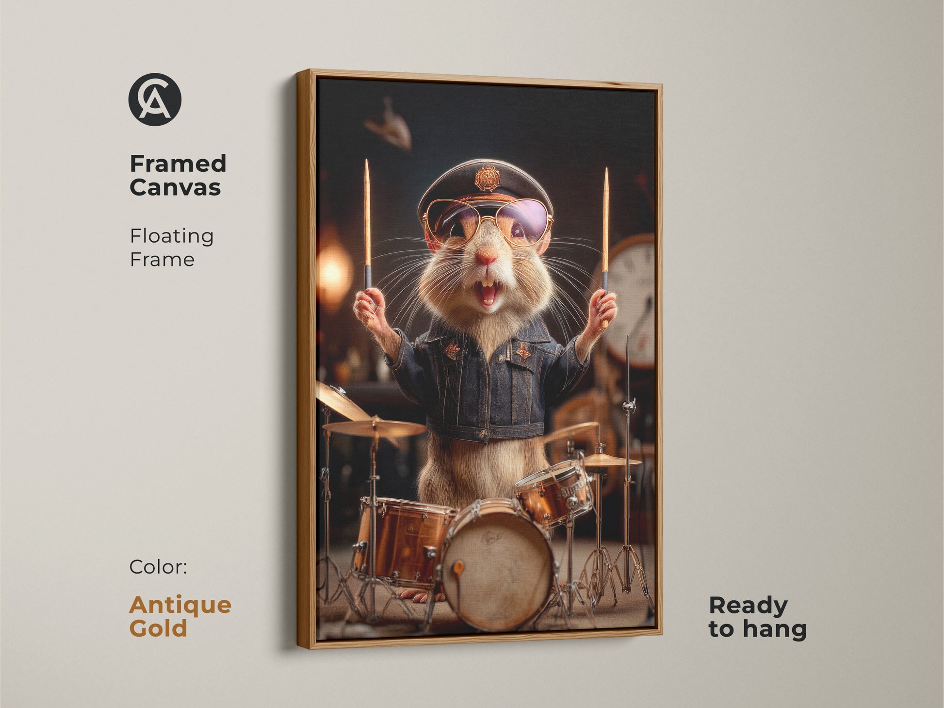 Framed canvas with a hamster drummer on a drum set. The floating frame is antique gold. This gold accent wall art is ready to hang. Display the unique animal portrait art with denim jacket art today.