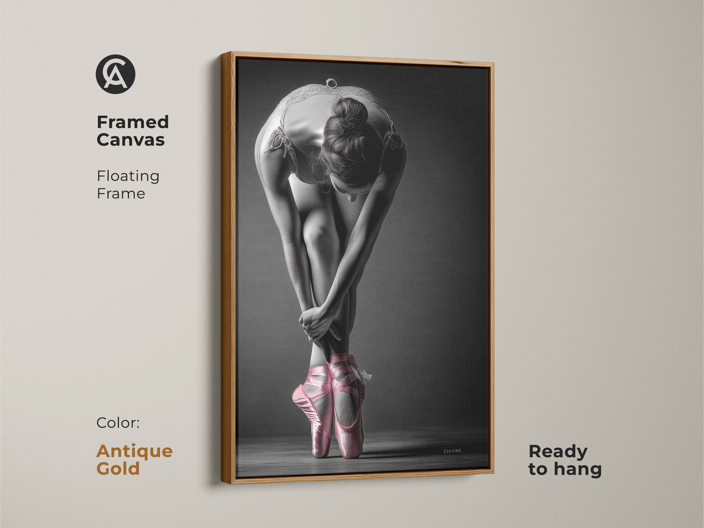 Antique gold framed canvas of a ballerina. This fine art print showcases a dancer in pink pointe shoes. A floating frame offers a classic look. It is ready to hang and elevate your wall decor.