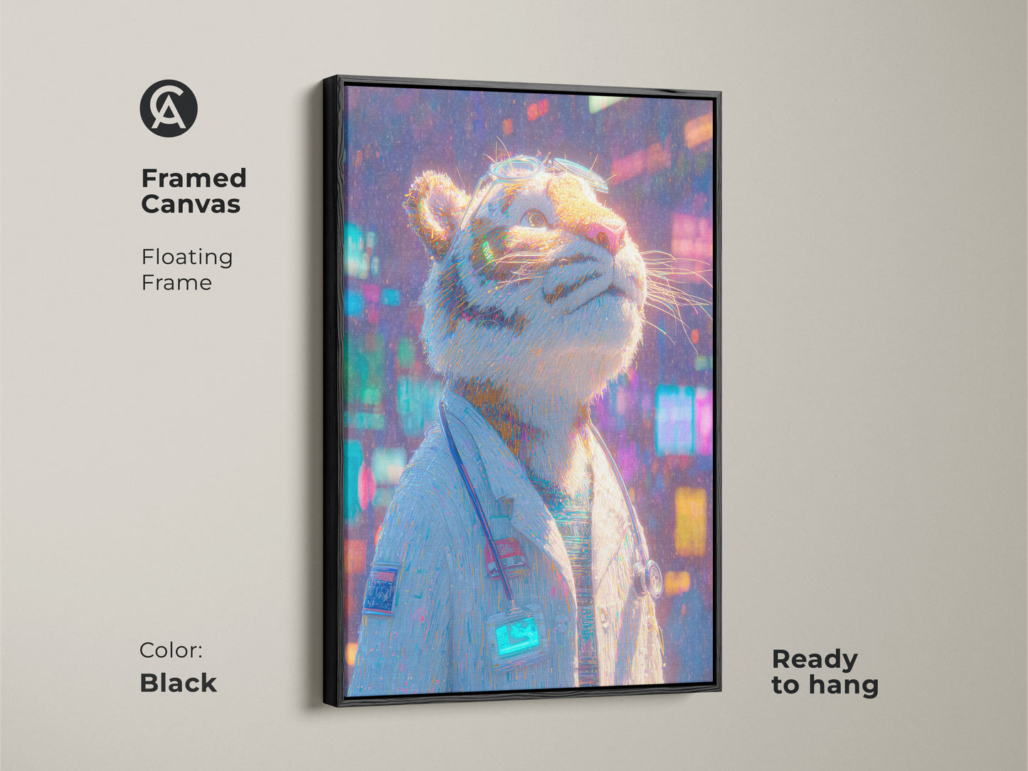 Framed canvas art with a black floating frame. This wall art features a tiger doctor. The canvas art is ready to hang. It is a modern piece of artwork. This animal art is unique.