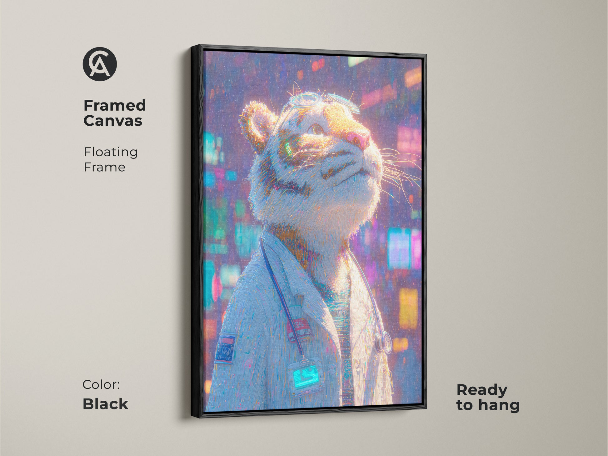 Framed canvas art with a black floating frame. This wall art features a tiger doctor. The canvas art is ready to hang. It is a modern piece of artwork. This animal art is unique.