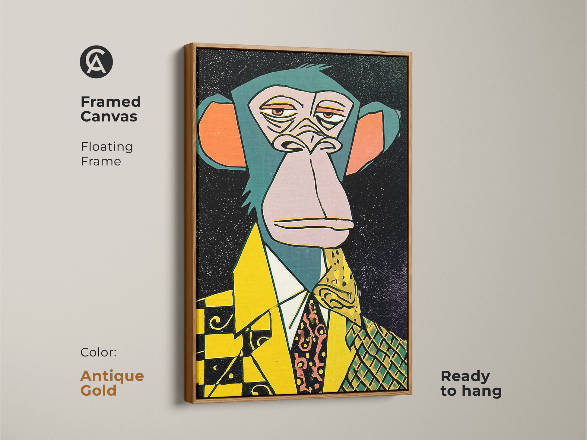 Add a touch of glamour to your space with this framed canvas artwork. It showcases an ape in a suit with a floating frame in antique gold. The artwork is ready to hang and will elevate your decor. Order yours today