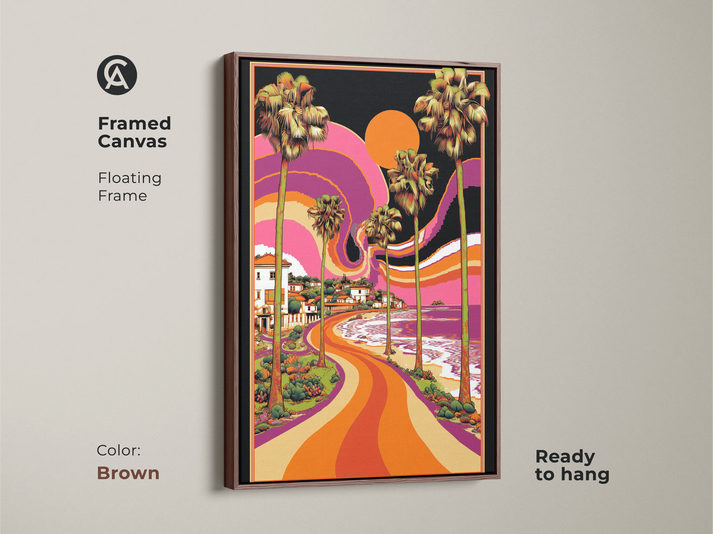 Framed canvas showcasing a vintage ocean wall art. This retro coastal landscape art has a psychedelic beach scene. Vibrant palm print and orange purple yellow decor adds a touch of summer beach vibes. Antique Gold frame ready to hang.