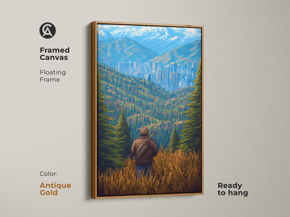 Framed canvas with antique gold floating frame showcasing pixel art of a cityscape nestled in mountains. The retro mountain landscape art is ready to hang. This modern retro wall decor is a unique travelers gift. It's a cool pixel art poster.