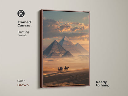 This framed canvas shows the Egyptian pyramids and a camel caravan. The floating frame has a brown finish. The sandy yellow and teal artwork adds warmth to any room. This desert landscape print is ready to hang. It is perfect for eclectic home decor.