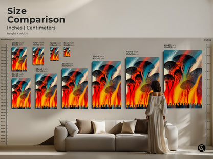 Size comparison of abstract trees canvas art. Various sizes from small to extra large are shown. Fantasy nature print makes a statement above any furniture in a home.