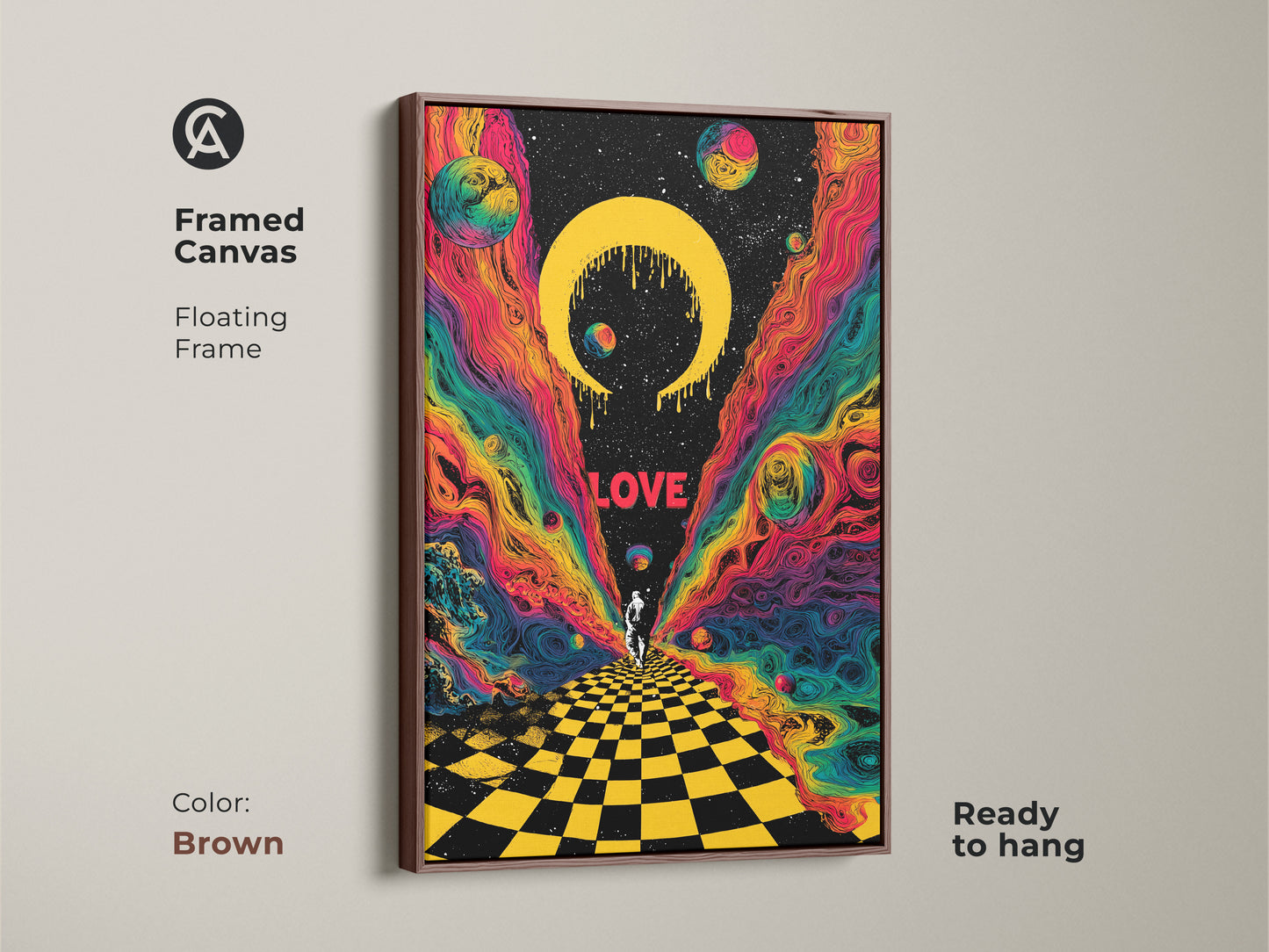 Framed in brown this canvas displays psychedelic astronaut artwork. The retro sci fi print has surreal space planets and a celestial crescent. The cosmic wall art is ready to hang. The floating frame enhances the colorful cosmic wall art.
