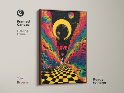Framed in brown this canvas displays psychedelic astronaut artwork. The retro sci fi print has surreal space planets and a celestial crescent. The cosmic wall art is ready to hang. The floating frame enhances the colorful cosmic wall art.