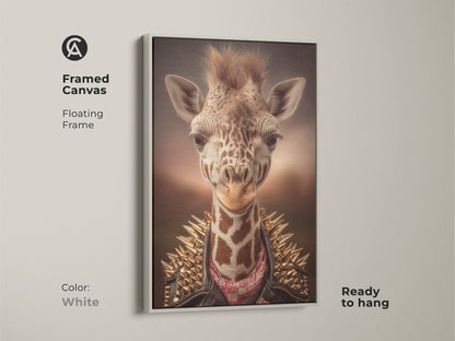 Framed canvas with a floating frame featuring pop culture animal art. The white frame contrasts the tan gold brown artwork. This studded jacket wall art is ready to hang. This unique art makes a statement in any modern setting. It is perfect as a rockstar animal print.