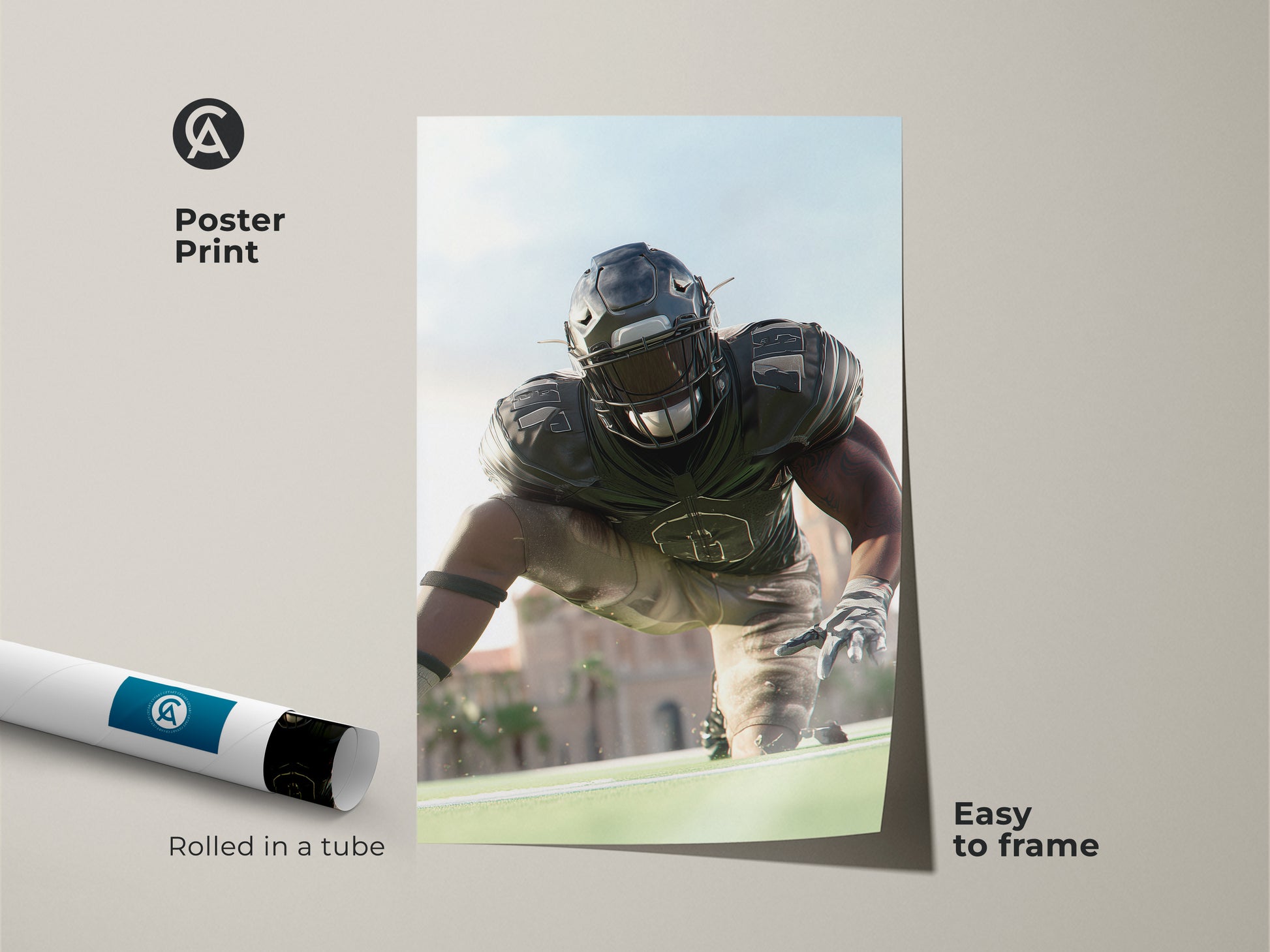 Oak Floating Frame Canvas Print Realistic American Football Player Canvas Print - Dynamic Sports Art for Man Cave, Office Decor