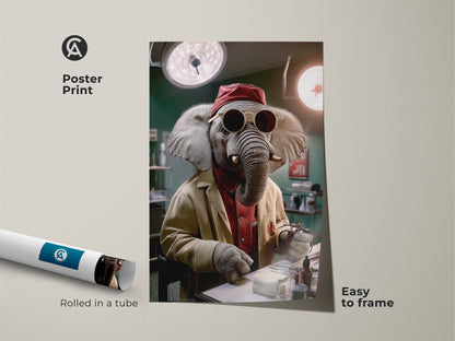 Poster print of a surreal elephant doctor. The artwork features an animal doctor in a lab coat. Rolled in a tube for easy framing. This funny medical office decor is an unique animal portrait art. The print includes surgical tools making it an eclectic art gift for doctors or surgeons.
