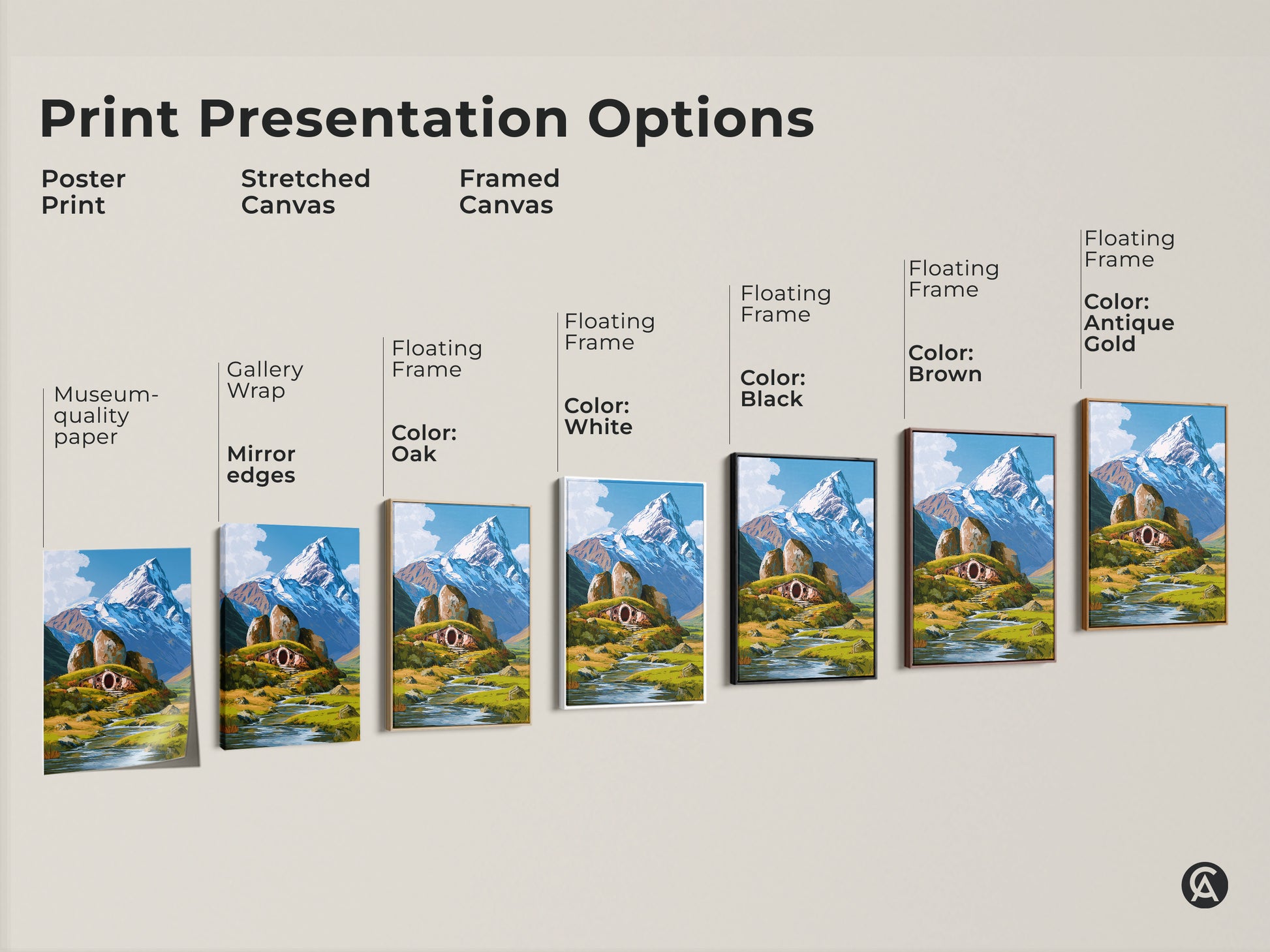 Print presentation options for hobbit hole artwork. Choose from poster print stretched canvas or framed canvas. Each features a snowy mountain landscape. Find the perfect blue green white decor for your home.