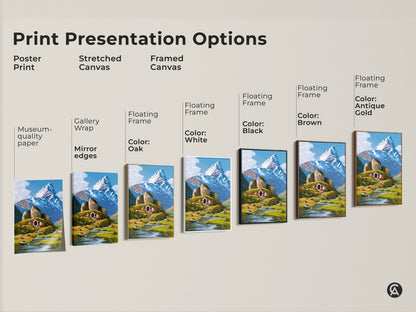 Print presentation options for hobbit hole artwork. Choose from poster print stretched canvas or framed canvas. Each features a snowy mountain landscape. Find the perfect blue green white decor for your home.