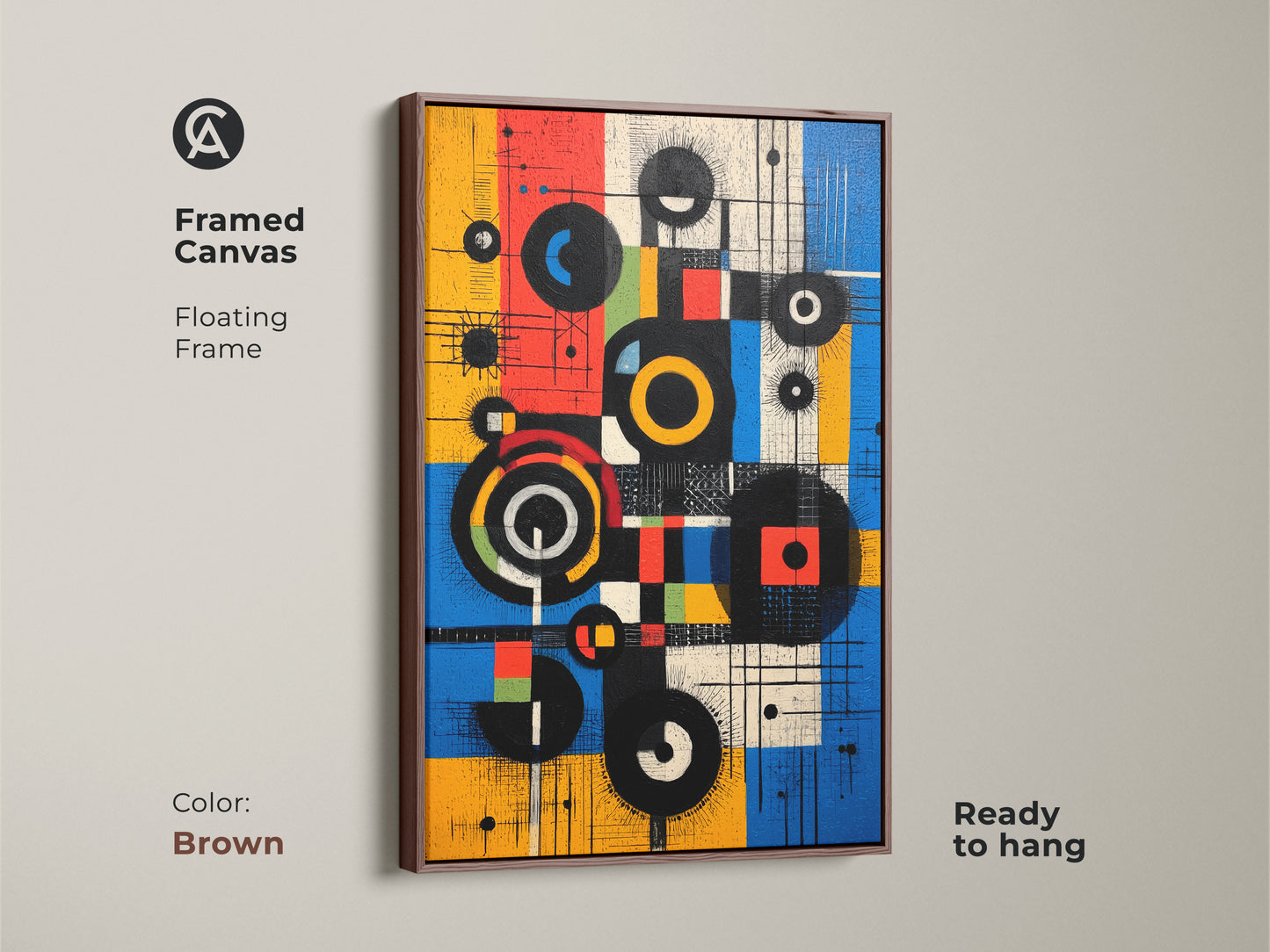 Framed canvas displaying Mid-Century Modern abstract art. The brown floating frame complements the geometric artwork with circles and squares in yellow blue and red hues. Ready to hang this art piece elevates study room or office decor.