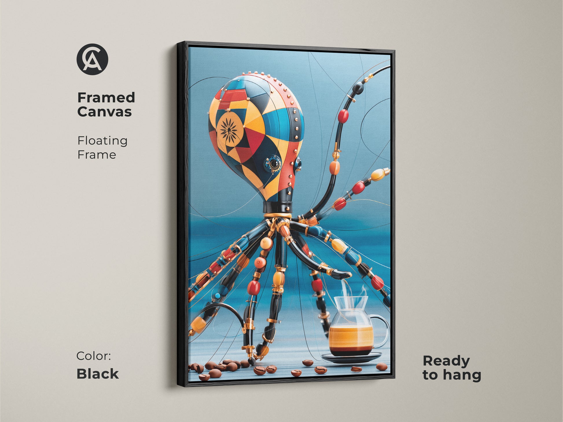 A framed canvas Steampunk Octopus artwork in a black floating frame. Features surreal coffee art. It is perfect as octopus wall decor for a Kitchen. This is a great gift idea for coffee lovers. It adds to eclectic cafe decor. It is red orange and blue wall art.