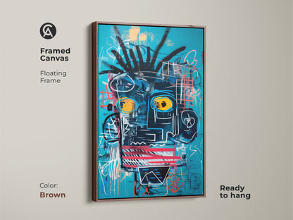 Framed canvas featuring an abstract face artwork in a brown floating frame. The art has a blue background with vibrant colors. It's ready to hang. This framed art adds a contemporary touch to any wall. The brown frame enhances the modern aesthetic.
