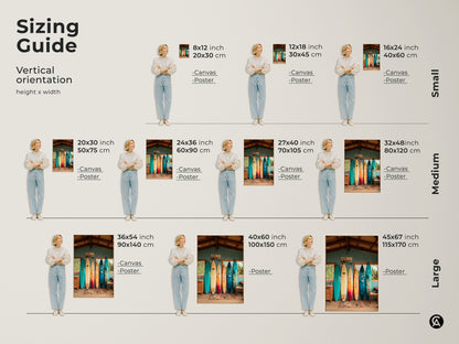 Sizing guide for vertical surfboard artwork. Available in small medium and large sizes. Choose canvas or poster prints. Visualize how each size fits in your space. Perfect beach art for any room.