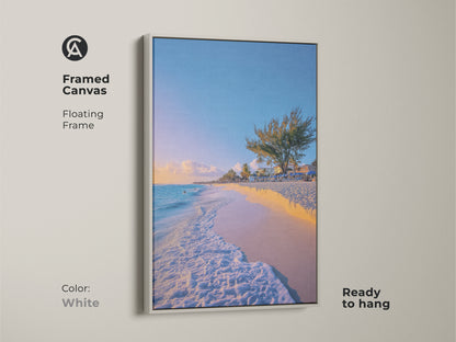 White Framed Canvas Sky Blue Aqua Beach artwork featuring tropical palm trees and ocean landscape. This coastal home decor wall art is ready to hang. The white floating frame offers a clean look. Ideal as a housewarming gift or for beach lovers.