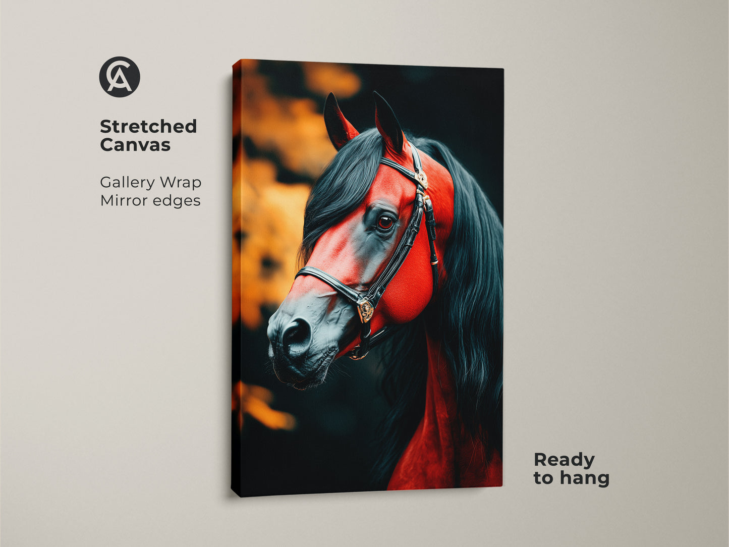 Stretched canvas print of a crimson red horse head. It shows a black mane and detailed bridle. Gallery wrapped with mirror edges this equestrian artwork is ready to hang. Perfect animal portrait for dramatic home or office decor.