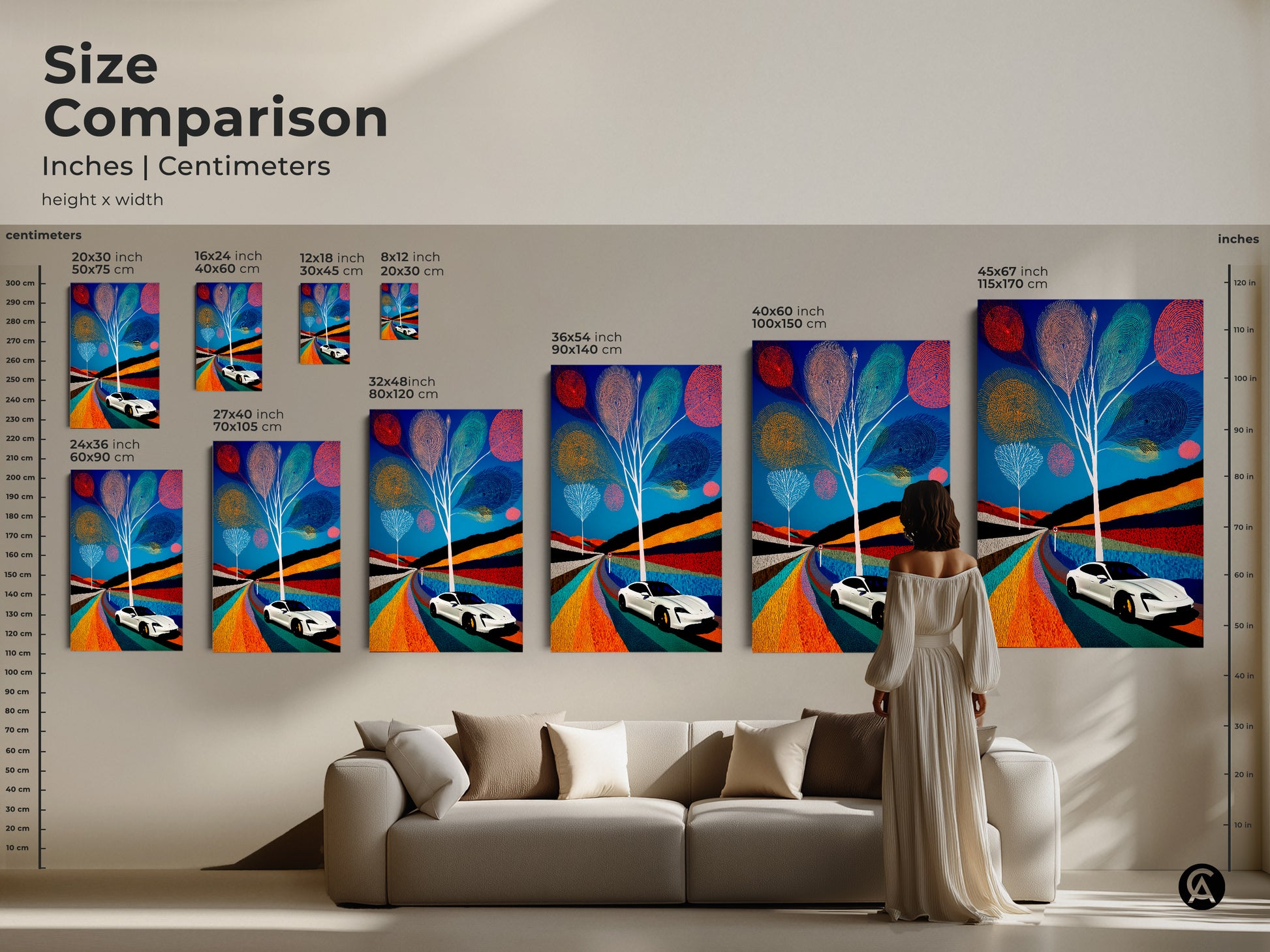 Size comparison of electric car modern folk art canvas. Visualize how this abstract scenic painting fits in your living room. Blue teal and orange art makes a colorful statement as a road trip artwork decor.