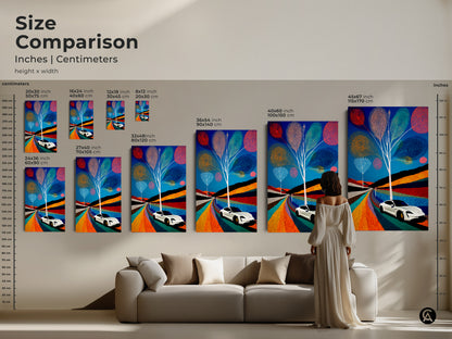 Size comparison of electric car modern folk art canvas. Visualize how this abstract scenic painting fits in your living room. Blue teal and orange art makes a colorful statement as a road trip artwork decor.