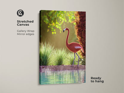 Stretched canvas print of a pink flamingo in a serene outdoor scene. This coastal nature artwork is ready to hang and brings wildlife charm to any space. The gallery wrap with mirror edges enhances the artwork's beauty. Ideal for bird lovers and coastal themed decor. The green water adds tranquility.