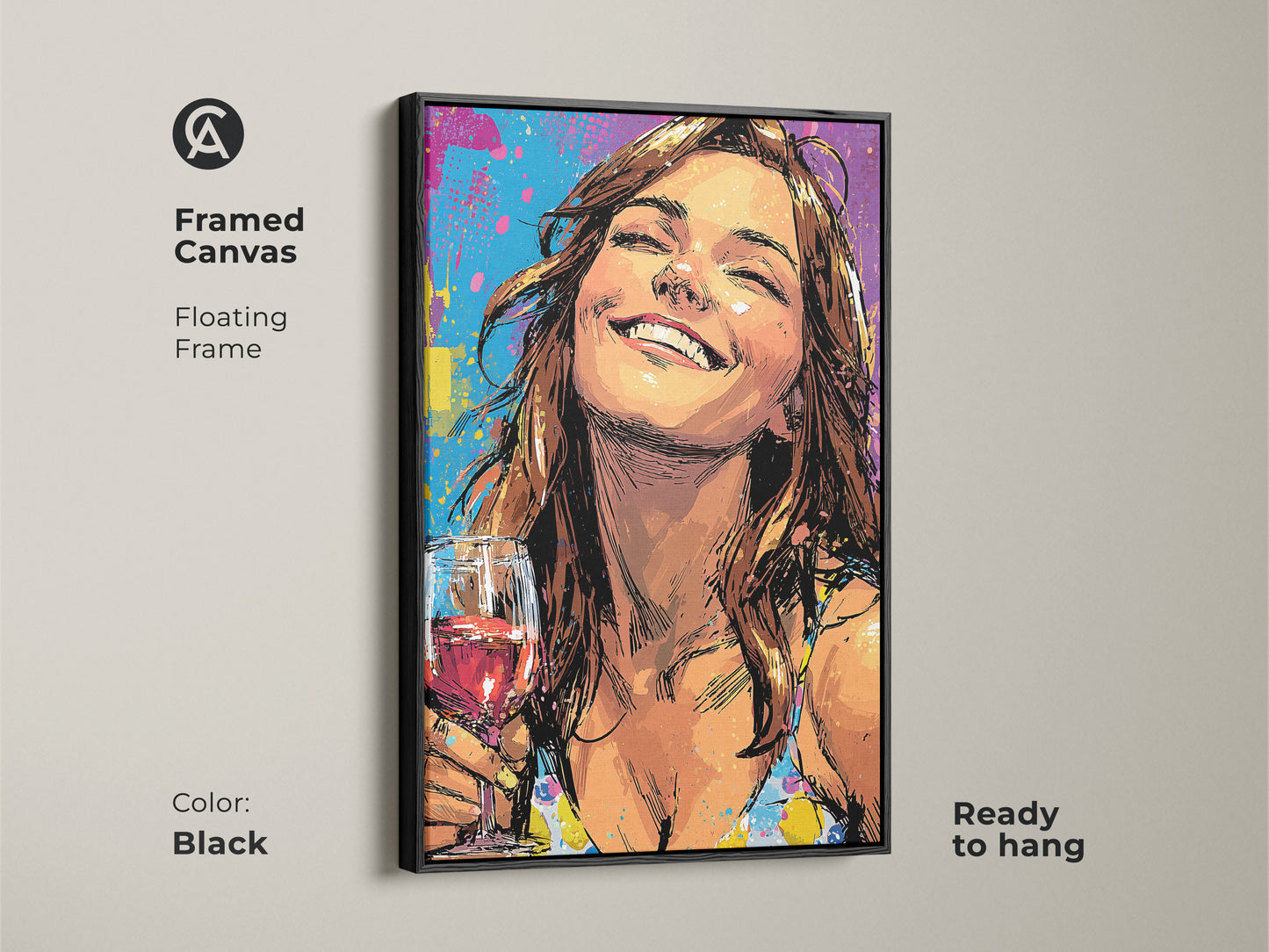 Framed canvas featuring a woman enjoying wine with graffiti elements. This pop art artwork has a floating black frame and is ready to hang. The teal yellow and purple hues create an eclectic vibe. A vibrant wall art piece perfect for modern home decor and artistic expression.