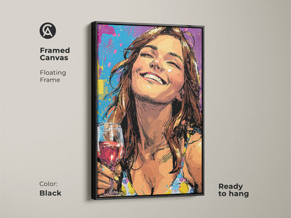 Framed canvas featuring a woman enjoying wine with graffiti elements. This pop art artwork has a floating black frame and is ready to hang. The teal yellow and purple hues create an eclectic vibe. A vibrant wall art piece perfect for modern home decor and artistic expression.