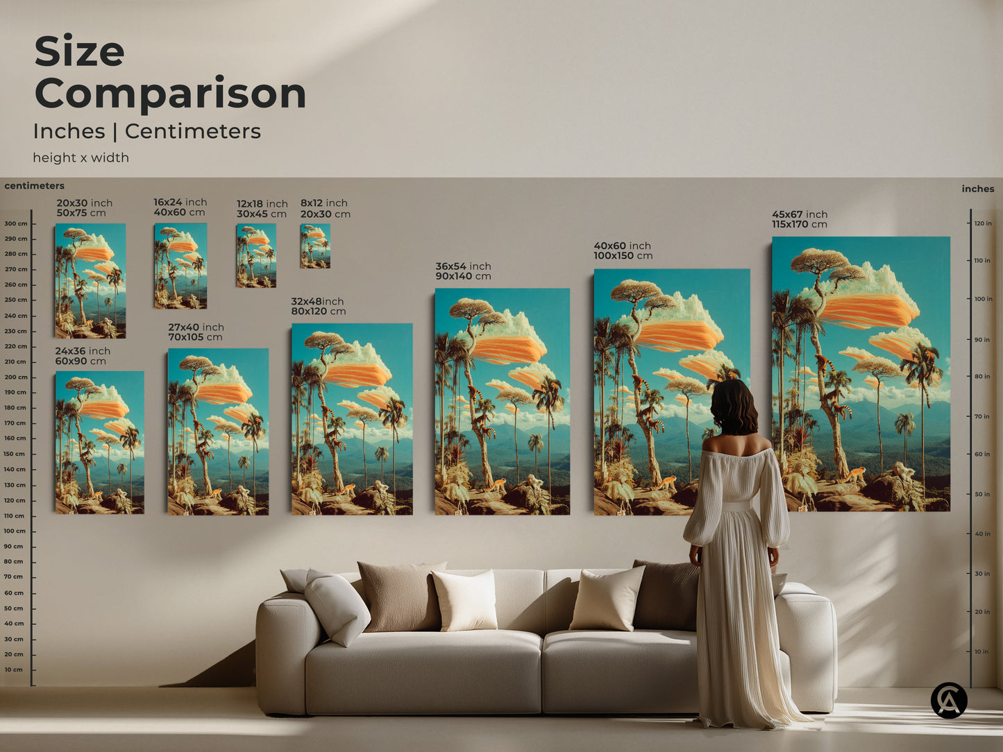 Size Comparison of surreal lemur canvas and poster prints in inches and centimeters. The exotic trees art can be displayed in multiple sizes. Find the perfect fit for your space whether it's a cozy study or a grand living room.