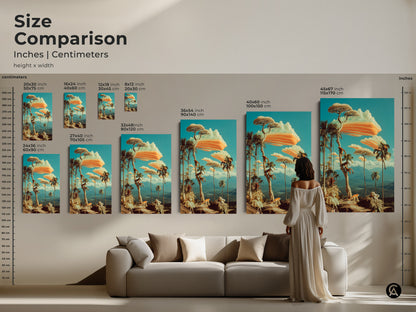 Size Comparison of surreal lemur canvas and poster prints in inches and centimeters. The exotic trees art can be displayed in multiple sizes. Find the perfect fit for your space whether it's a cozy study or a grand living room.