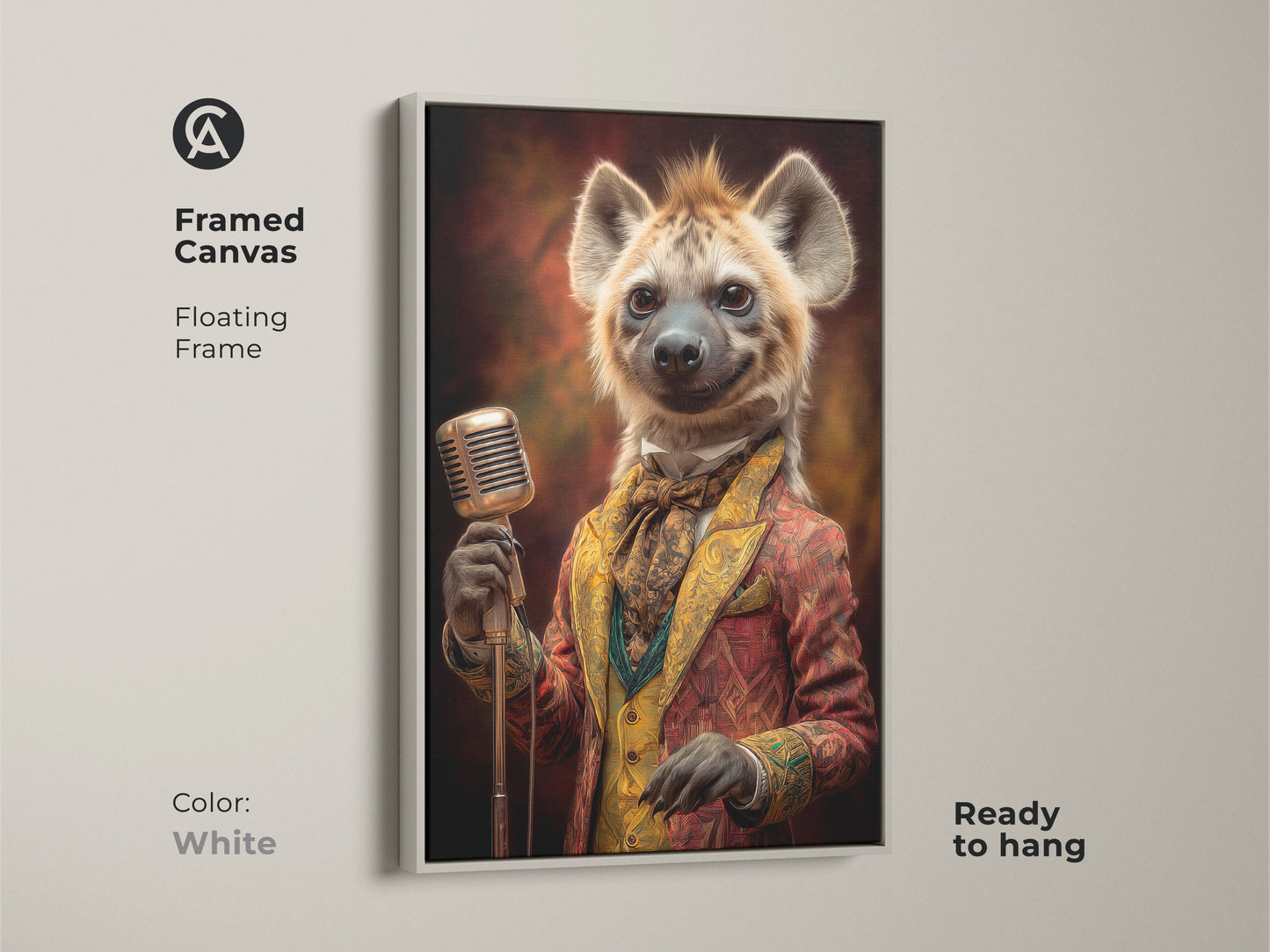 Framed canvas artwork featuring a dapper hyena singer inside of a white floating frame. This retro animal musician wall print is ready to hang. The eclectic wall hanging art makes a lovely gift for music lovers. It offers a vintage animal portrait.