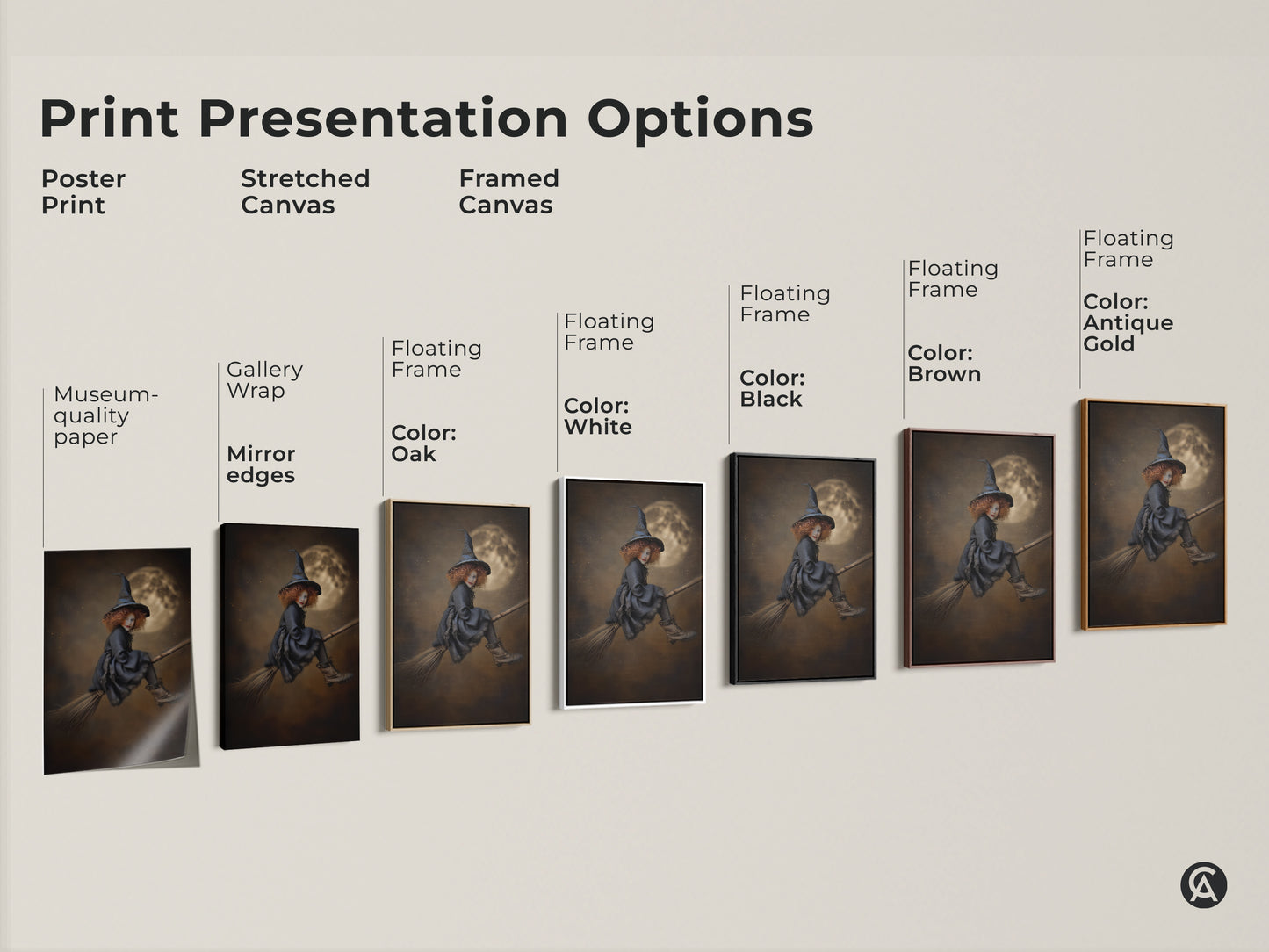 Explore print presentation options for our gothic witch art. Choose from poster prints stretched canvas and framed canvas. Options include museum-quality paper gallery wrap and floating frames for eclectic wall hanging.
