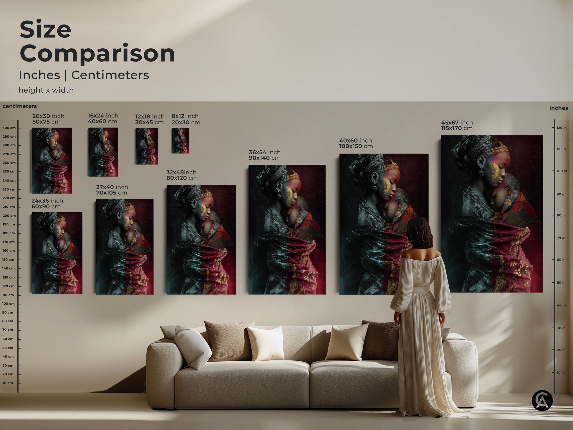 Visualize the scale of our African mother and child artwork with this size comparison. See how the tribal fusion canvas looks above a couch. Available in various sizes to fit your living space. From 20x30 cm to 115x170 cm find the ideal fit. This contemporary piece enhances any home.