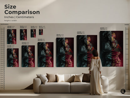 Visualize the scale of our African mother and child artwork with this size comparison. See how the tribal fusion canvas looks above a couch. Available in various sizes to fit your living space. From 20x30 cm to 115x170 cm find the ideal fit. This contemporary piece enhances any home.