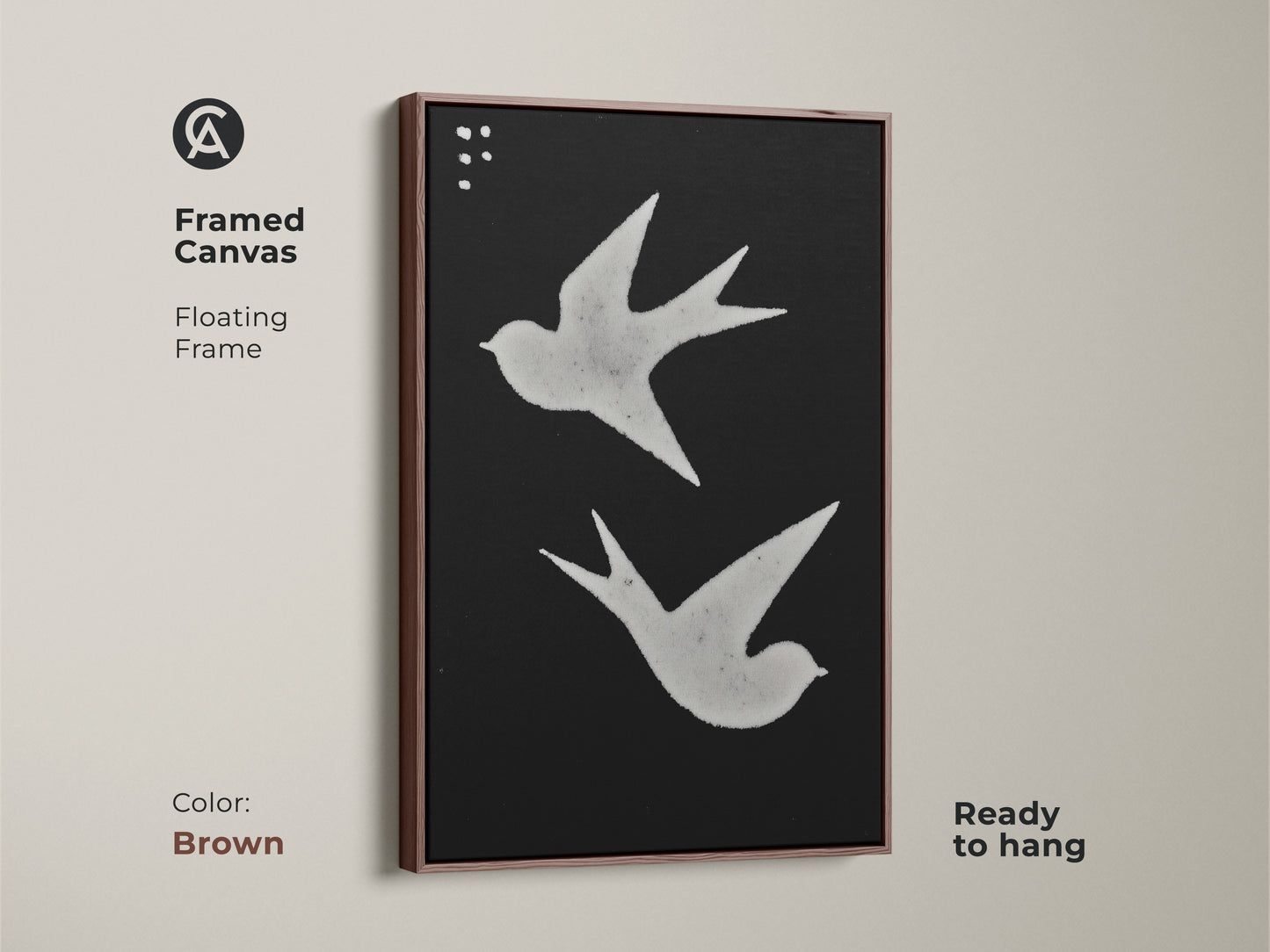 Framed canvas with minimalist bird illustration. The black and white print features a floating frame. Ready to hang Scandinavian decor for any room. Abstract nature canvas adds a touch of modern folk art. Great animal art for walls.