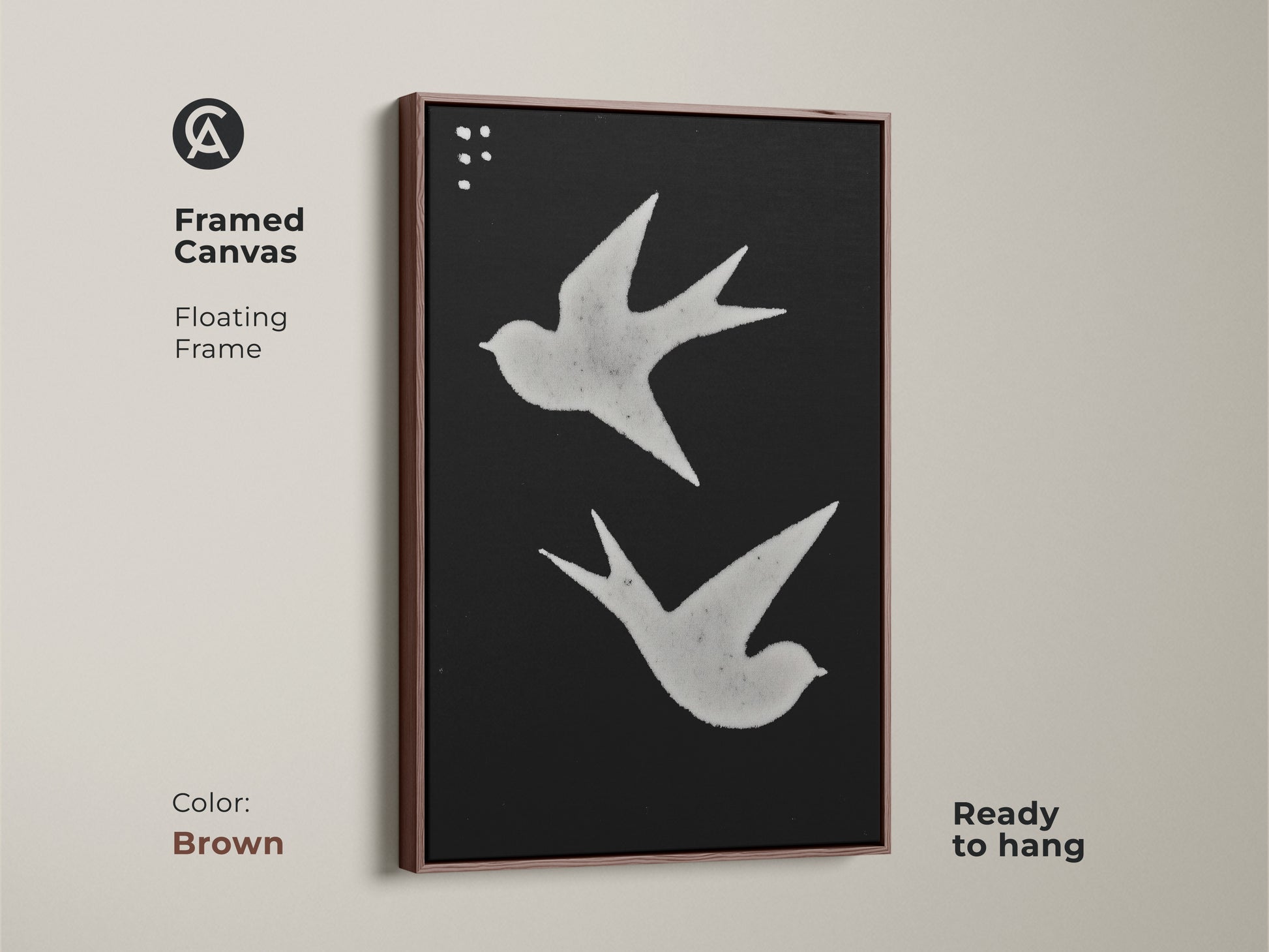 Framed canvas with minimalist bird illustration. The black and white print features a floating frame. Ready to hang Scandinavian decor for any room. Abstract nature canvas adds a touch of modern folk art. Great animal art for walls.