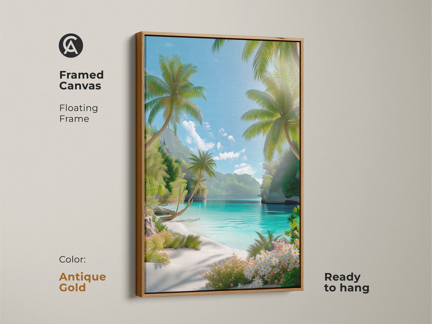 Framed canvas art featuring a tropical beach. The antique gold floating frame accentuates the serene coastal view. Palm trees and turquoise waters create a calming atmosphere. This ready-to-hang artwork adds elegance to your home.