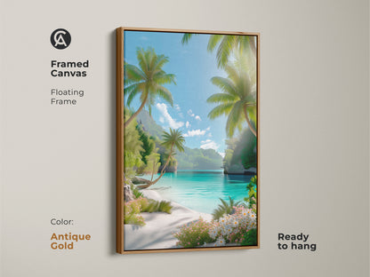 Framed canvas art featuring a tropical beach. The antique gold floating frame accentuates the serene coastal view. Palm trees and turquoise waters create a calming atmosphere. This ready-to-hang artwork adds elegance to your home.