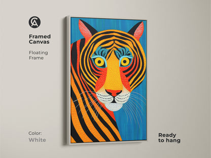 Framed canvas featuring a floating white frame. This abstract tiger art is a tribal animal print with unique colors. Ready to hang canvas is perfect for adding an eclectic touch to your space. A great gift for animal lovers.