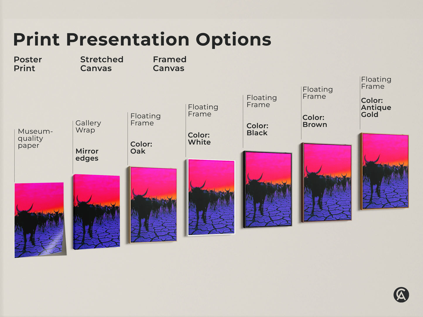 Explore various print presentation options. Poster print Stretched canvas Framed canvas. Color options include Oak White Black Brown Antique Gold. Choose the perfect surreal cattle herd artwork for your space.