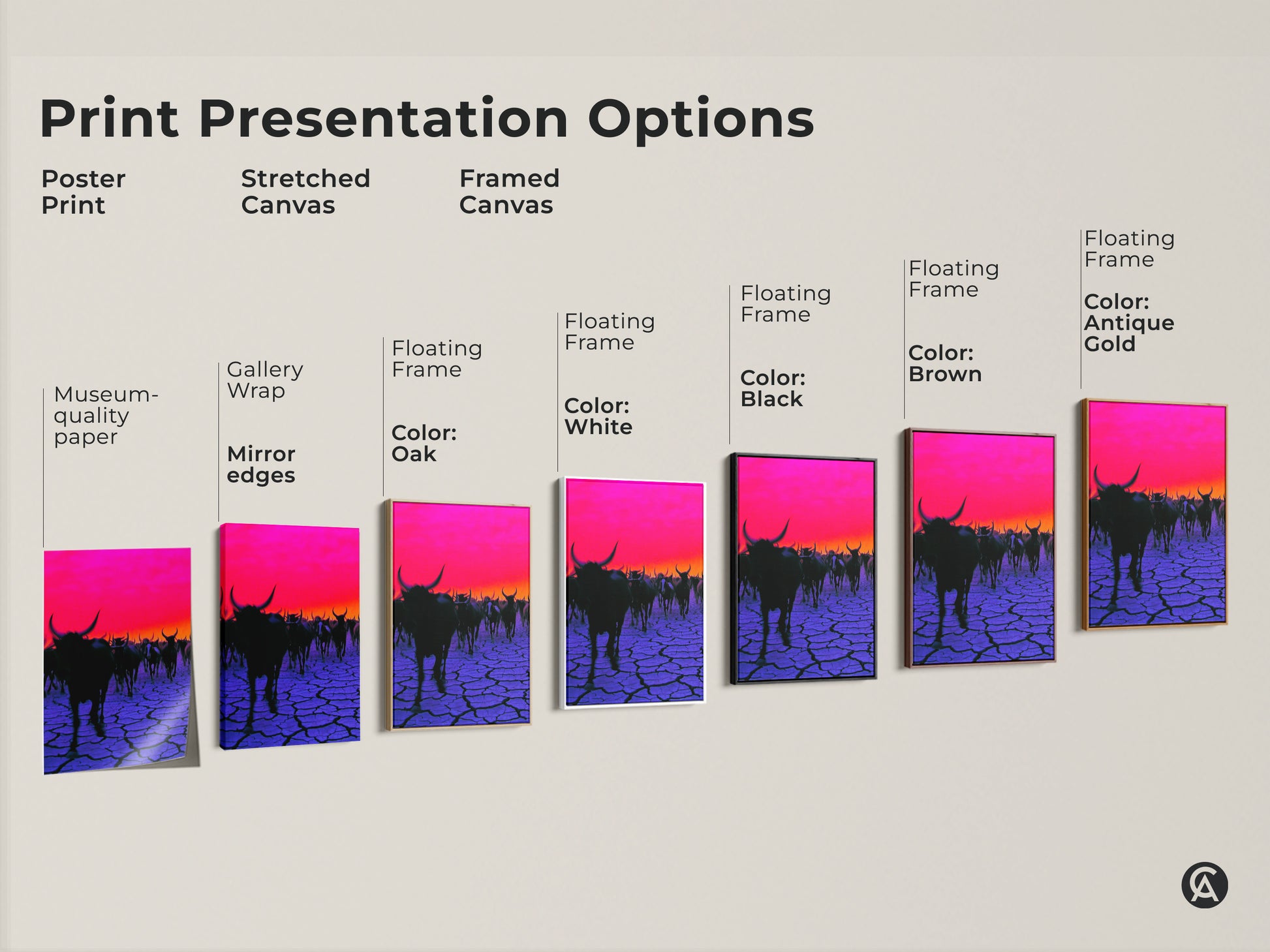 Explore various print presentation options. Poster print Stretched canvas Framed canvas. Color options include Oak White Black Brown Antique Gold. Choose the perfect surreal cattle herd artwork for your space.