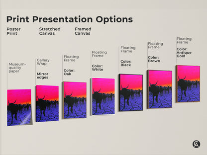 Explore various print presentation options. Poster print Stretched canvas Framed canvas. Color options include Oak White Black Brown Antique Gold. Choose the perfect surreal cattle herd artwork for your space.