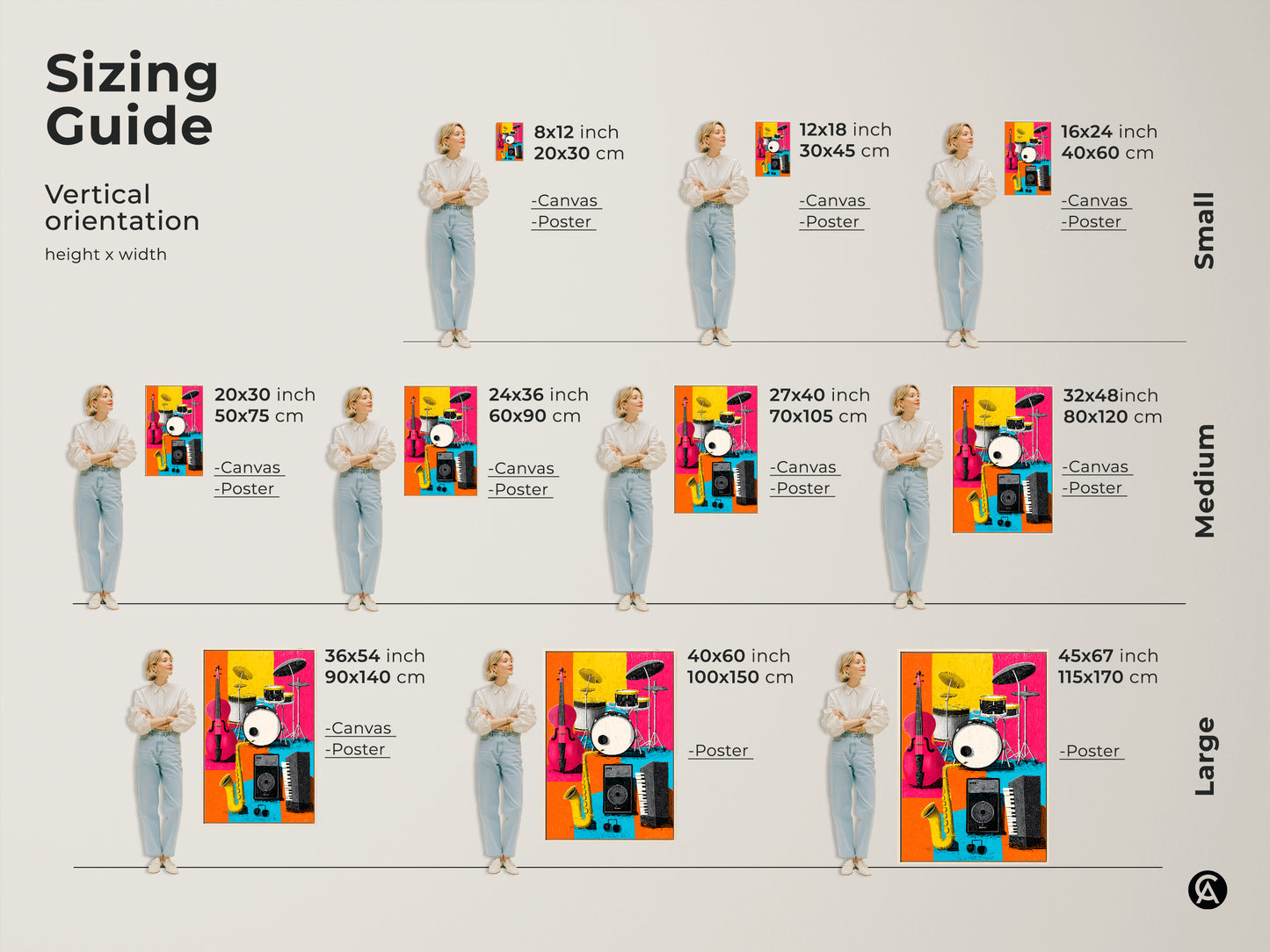 Sizing guide for vertical musical instrument art. Available in small medium and large sizes. Options include canvas and poster prints. Artwork includes a cello drum set saxophone keyboard and speaker. Find the perfect size for your wall.
