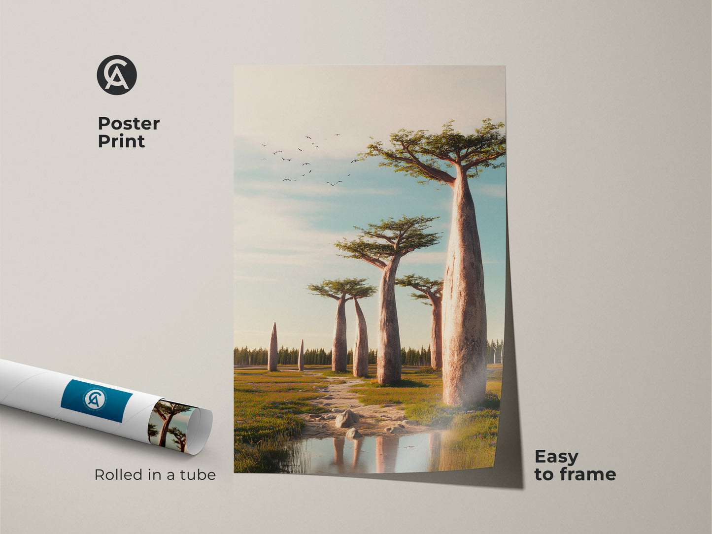 Poster print featuring realistic Baobab trees. This African savanna landscape art brings nature indoors. Earth tones and sky blue enhance this travel-inspired home decor. Easy to frame option.